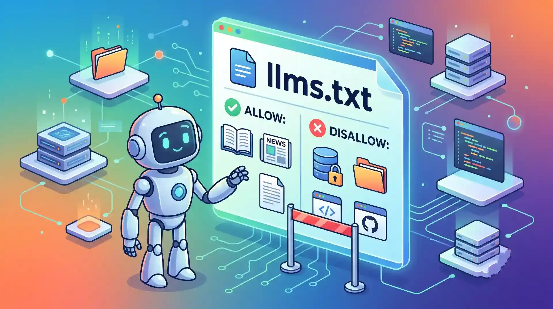 Fichier llms.txt indiquant à un robot IA les contenus autorisés et interdits d'un site